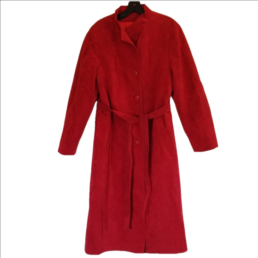 Vintage Red Belted Faux Suede Velour Trench Coat Made in Canada Olympic Size M